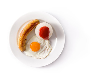 Arroz a la cubana.Typical Cuban rice with fried banana and fried egg on a plate isolated on white background. Top view. Copy space