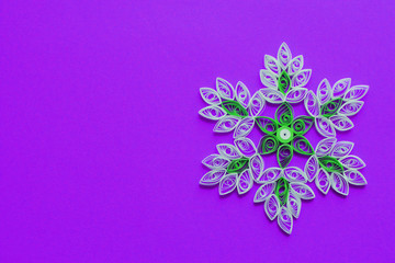 Quilling snowflakes isolated. Christmas and New year decor in quilling technique. flat lay, copy space, decor hand made paper.