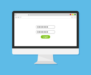 Pc with login form page on screen. Vector illustration