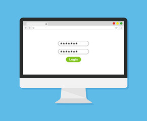Pc with login form page on screen. Vector illustration