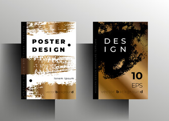 Set of cover templates, poster, brochure. Modern design with brush strokes and gold. Vector 10 EPS.