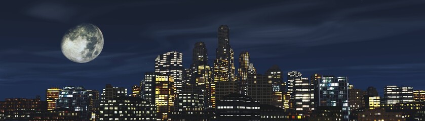 Night city under the moon, panorama of night skyscrapers,. 3d rendering.