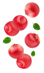 falling red apples isolated on white background.