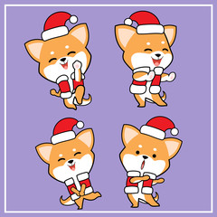 Cute Kawaii Cartoon Hand Drawn Shiba Inu Dog Character Illustration With Christmas Hat Collection - Set 6