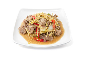 Stir Fried Pork with Ginger isolated on white background with clipping path