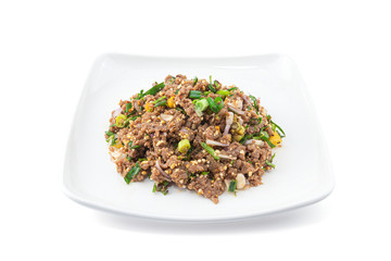 Raw Minced Beef Salad Thai Style isolated on white background with clipping path