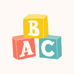 Wooden alphabet cubes with A,B,C letters. Vector.