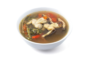 Spicy frog Soup (Tom Yum kob) hot and spicy favorite thai food in bowl isolated on white background with clipping path