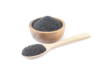 Black sesame seeds in wooden bowl and wooden spoon isolated on white background with clipping path