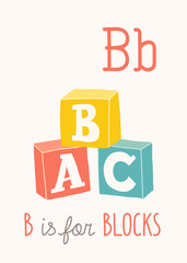 Colorful alphabet cubes with A,B,C letters. Isolated vector eps 10 illustration on white background. Kids Wall Art. Toy Alphabet Card. Nursery alphabet poster wall art. Playroom decor. B is for Blocks
