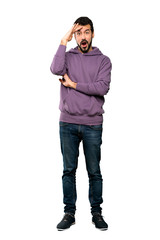 Fototapeta premium Full-length shot of Handsome man with sweatshirt has just realized something and has intending the solution over isolated white background