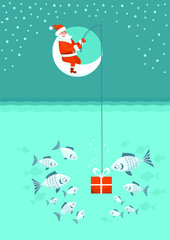 Christmas fishing card. Santa Claus with present box fishing sitting on moon. Vector Winter holiday illustration background