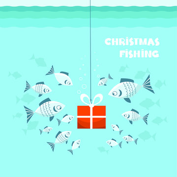 Christmas fishing card. Flock of fish and present gift in sea blue water background. Vector Winter holiday illustration with Christmas  text.