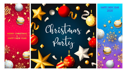 Christmas party flyers set with gold and silver confetti