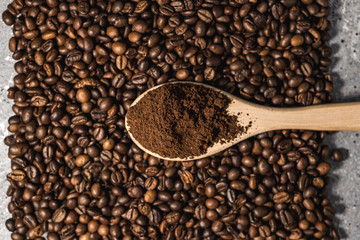 coffee beans on burlap background with copy space for text