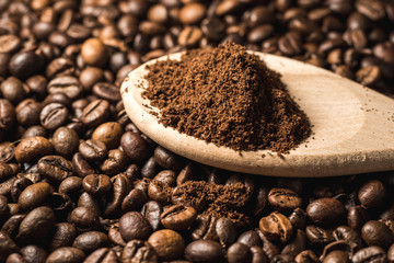 coffee beans on wooden background macro copy space
