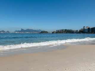 Sugar Loaf Mountain, Corcovado, Museum of Contemporary Art  on the horizon, front view, Icaraí, in the city of Niterói, Rio de Janeiro, Brazil. Beautiful landscape.