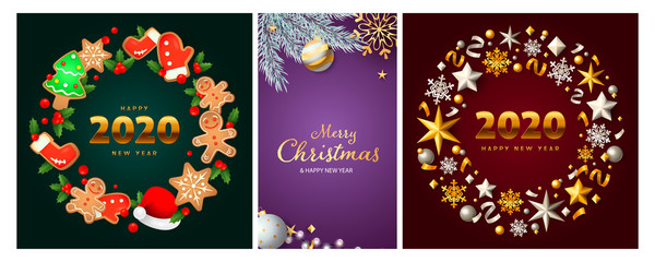 New Year and Christmas posters set with gingerbread cookies