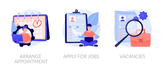 Recruitment interview. Work position sourcing. Employment website. Business recruiting. Arrange appointment, apply for jobs, vacancies metaphors. Vector isolated concept metaphor illustrations