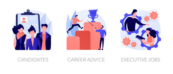 Recruitment and headhunting agency, employment service icons set. Employees hiring. Candidates, career advice, executive jobs metaphors. Vector isolated concept metaphor illustrations
