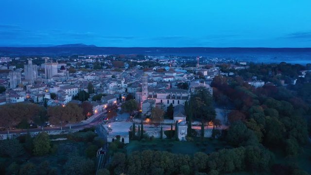 Uz&egrave;s cathedral from above night time France Gard