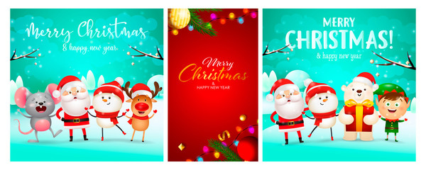 Christmas postcard set with cute cartoon characters