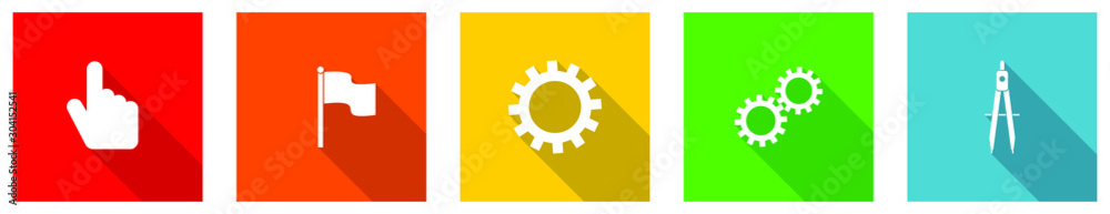 Poster Set of colorful web flat design vector icons,  hand, flag, cogwheel and compass buttons in eps 10 for webdesign and mobile applications