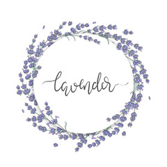 Circle frame with lavender flowers and lettering: lavender. Beautiful circle banner for packaging design or label. Copy space for your text. 