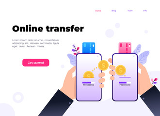 Vector flat illustration of mobile money transfer with human hands holding smartphone with credit card. Safe and easy payment concept. Landing page template.