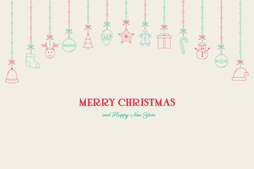 Concept of Christmas card with festive elements and greetings. Xmas decoration. Vector