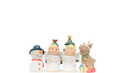 Christmas caroling or Carolers singing with snowman and reindeer on white background.Angel group singing carol song on celebration of christmas season in winter time.Chorus singing worship concept.