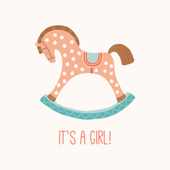 Baby shower invitation It s a girl . Cute toy horse with wheels. Kids First Toys. Baby shower design element. Cartoon vector hand drawn eps 10 illustration isolated on white background.