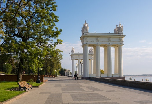 Volgograd. Russia- September 29, 2019. View of the propylaea of the central embankment of the city of Volgograd named after the 62nd Army