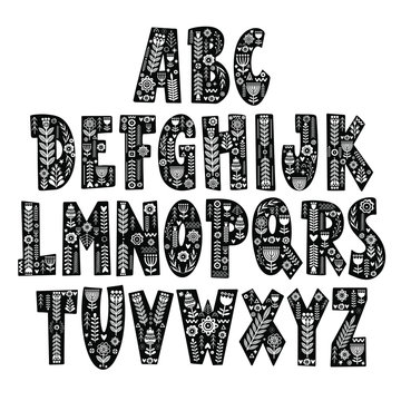 Alphabet Hand Drawn Letters In Folk Style. Scandinavian Style Font. Capital Letters With Ethnic Decorative Leaves, Flowers. Vector Illustration.