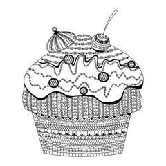 doodle vector of dessert cupcake coloring book for adults vector illustration. Anti-stress coloring for adult. Zentangle style bakery products. Black and white lines cream. Lace pattern cherry