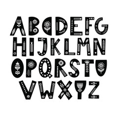 Alphabet hand drawn letters in folk style. Scandinavian style font. Capital letters with ethnic decorative leaves, flowers. Vector illustration.