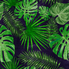 Seamless pattern with leaves. Trendy texture with tropic plants. Exotic summer background. Design featuring teal green palm and monstera plant. For wallpaper, fabric, gift paper, postal packaging