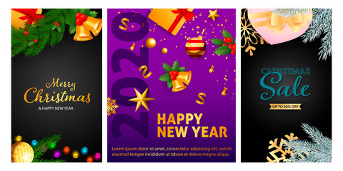New Year and Christmas Sale flyers set with confetti