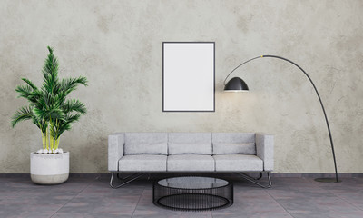 Fototapeta na wymiar Empty picture frame in loft living room. Picture mockup. Modern interior living room with grey concrete wall, sofa, black lamp and palm tree. Loft stlyle living room. 3d rendering.