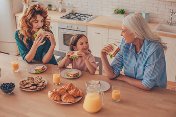 overhead view of three generations family eating sandwiches for breakfast at domestic kitchen together