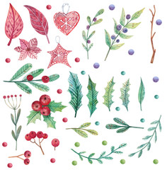 Watercolor Christmas botanic set. Leaves and branches for stickers, background, card design and other purposes.