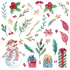 Watercolor Christmas set with snowman, leaves and gift boxes. Christmas leaves and branches for stickers, background, card design and other purposes.