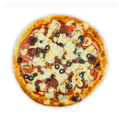 Homemade Italian pizza with mozzarella , tomato , olives and mushrooms isolated on white background . Top view