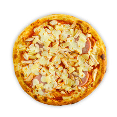 fresh Tasty tomatoes pizza isolated on white, top view