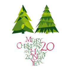 Greeting Card Happy New Year 2020. Holiday Vector Illustration With Inscription. Christmas stylized tree