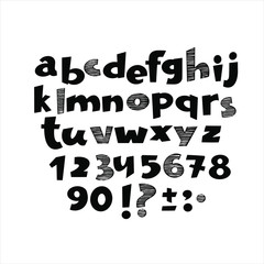 Vector set of alphabet and numbers. Hand drawn letters in cartoon style.