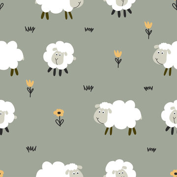 Little lamb / sheep pattern - funny hand drawn doodle, seamless pattern. Lettering poster or t-shirt textile graphic design. / wallpaper, wrapping paper, background.