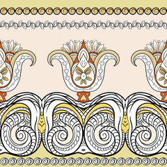 Seamless pattern, background with traditional paisley. Floral vector illustration in damask style. Colored and outline design vector illustration...