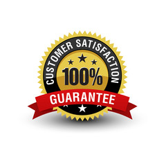 Powerful Golden badge 100% customer satisfaction guarantee badge with red ribbon isolated on white background.