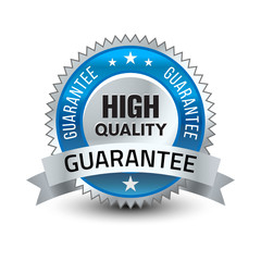 Steel blue reliable high quality guarantee badge with ribbon isolated on white background.